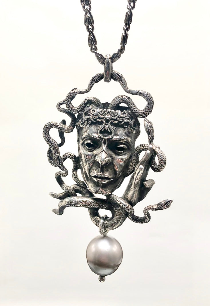 Sterling Silver Carved Gorgon Medusa Pendant