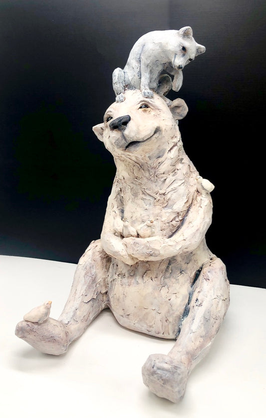 polar bear, artic fox and ptarmigan ceramic sculpture, whimsical, northern neighbors, ceramic sculpture, unlikely friends, local artist