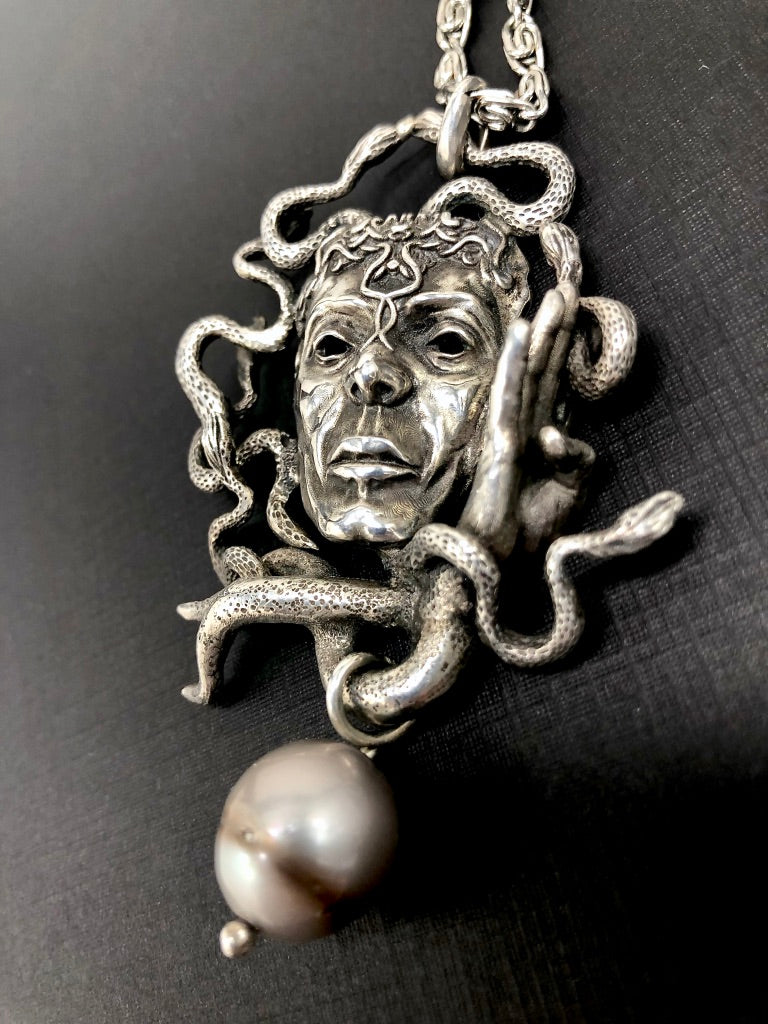 Sterling Silver Carved Gorgon Medusa Pendant