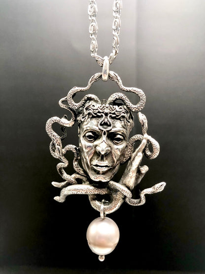 Sterling Silver Carved Gorgon Medusa Pendant