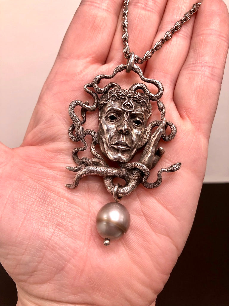 Sterling Silver Carved Gorgon Medusa Pendant
