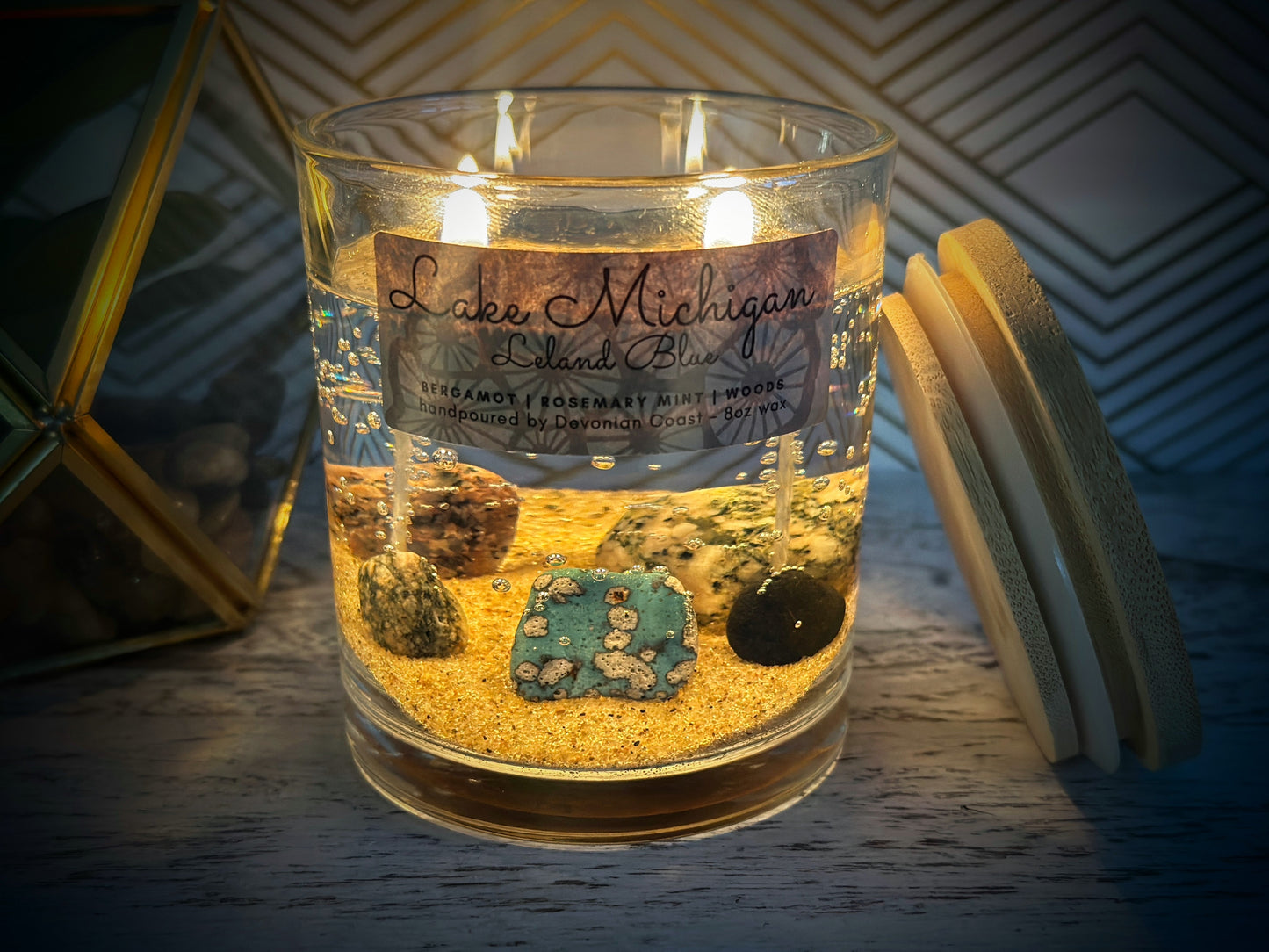Leland Blue Slag Glass Candle With Clear Gel Wax