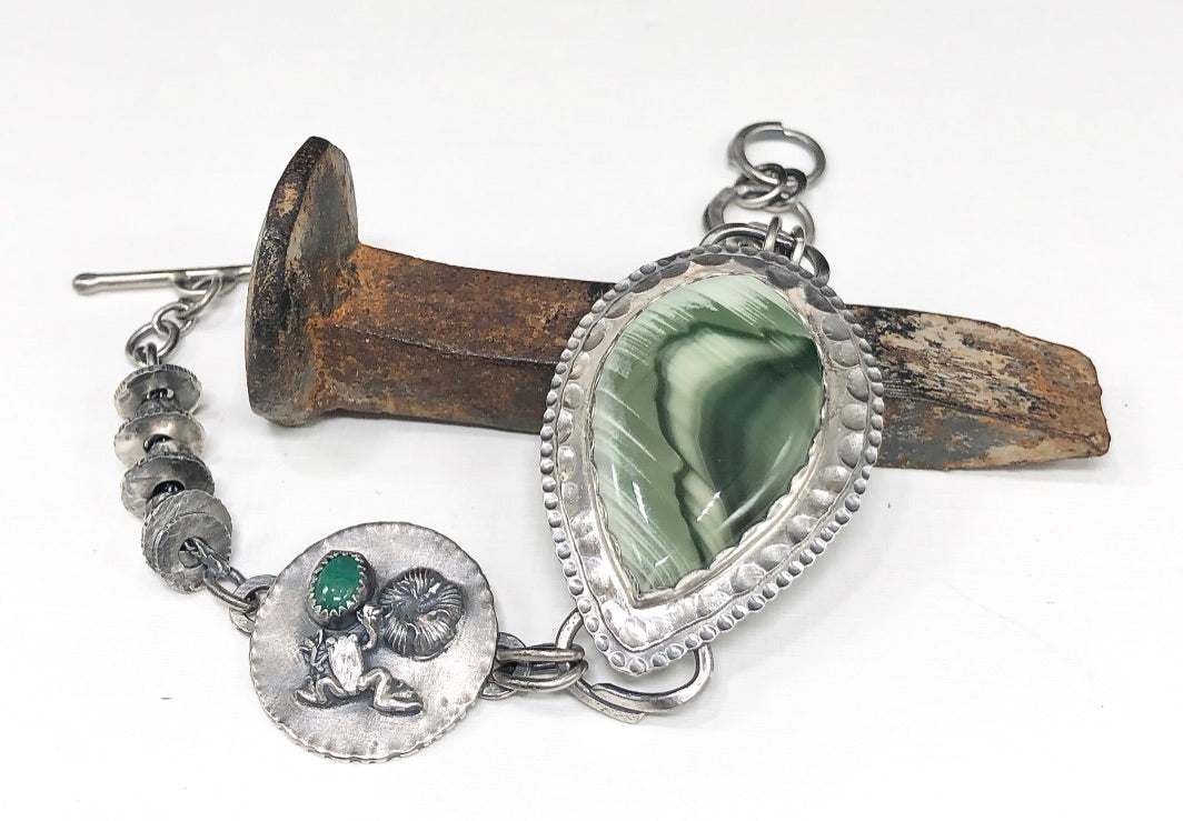 Imperial jasper bracelet chunky link statement piece frog and emerald accent