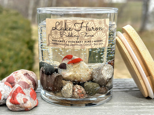 Clear gel candle, lake huron, pudding stone, keepsake, hanni gallery
