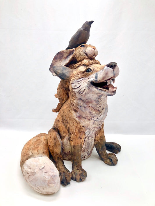 Ceramic sculpture, fox, hare, crow, whimsical animals, hanni gallery