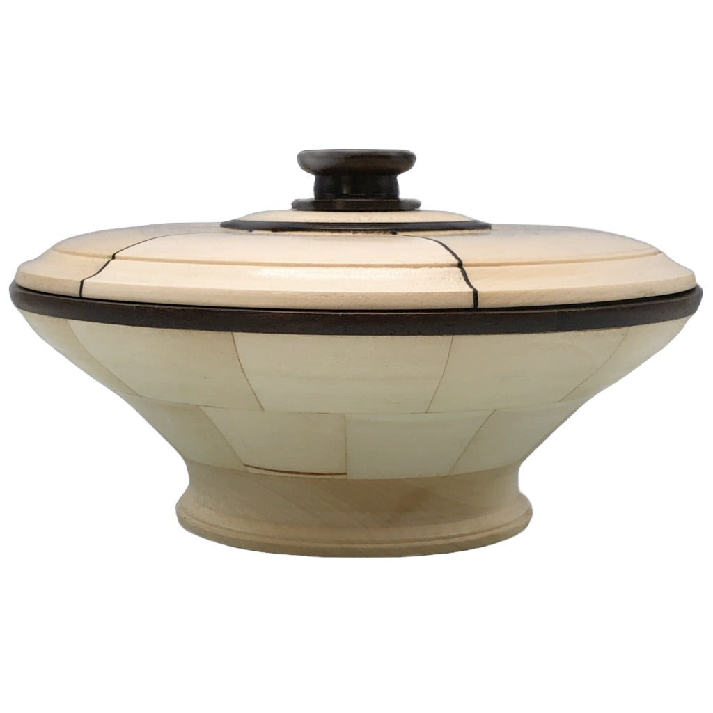 Lidded aspen keepsake box, segmented wood turning with accent striping, locally made, hanni gallery