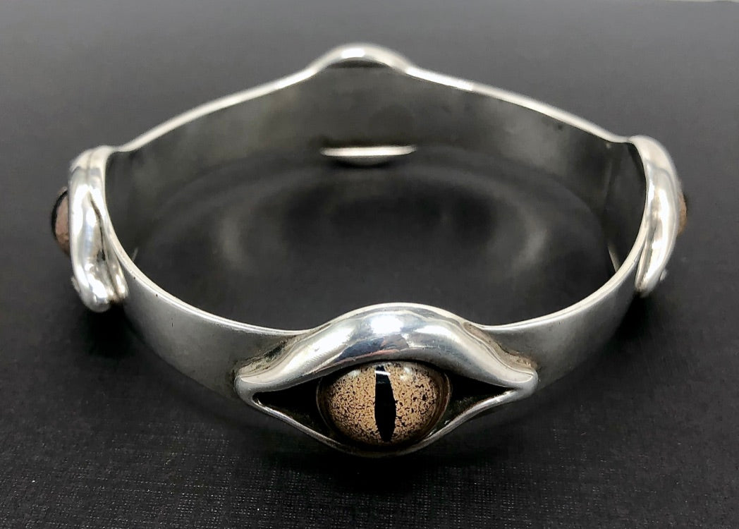Sterling silver bangle, four glass eyes, realistic, gator eyes, hanni gallery