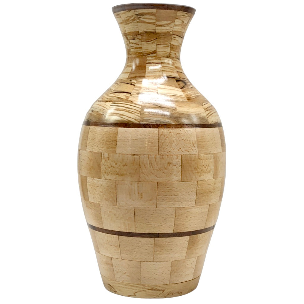 Beech wood vase, spalted top, segmented wood turning, northern michigan artisan, hanni gallery