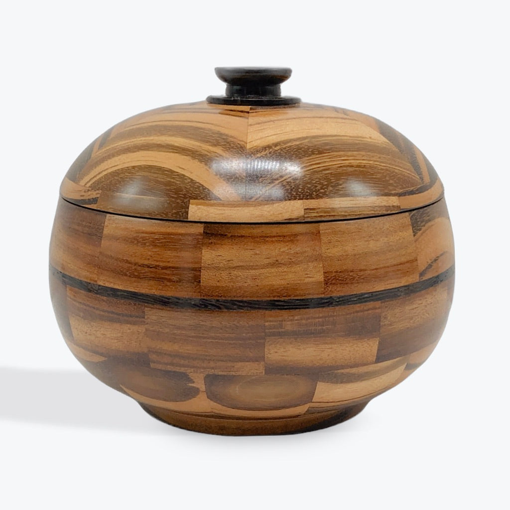 goncolo wood, lidded bowl, segmented turning, locally made, hanni gallery