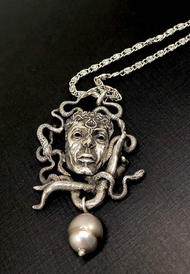 Sterling Silver Carved Gorgon Medusa Pendant