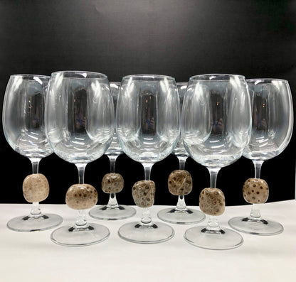 Petoskey stone wineglass, polished stone in stem of glass, hanni gallery