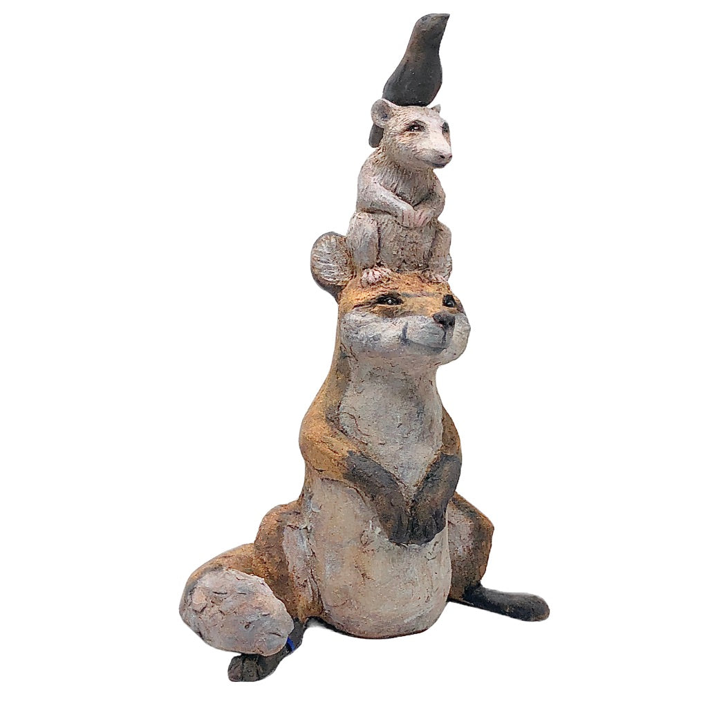 Ceramic Sculpture: Red Fox, Opossum and Crow "This Is the End of the Innocence"