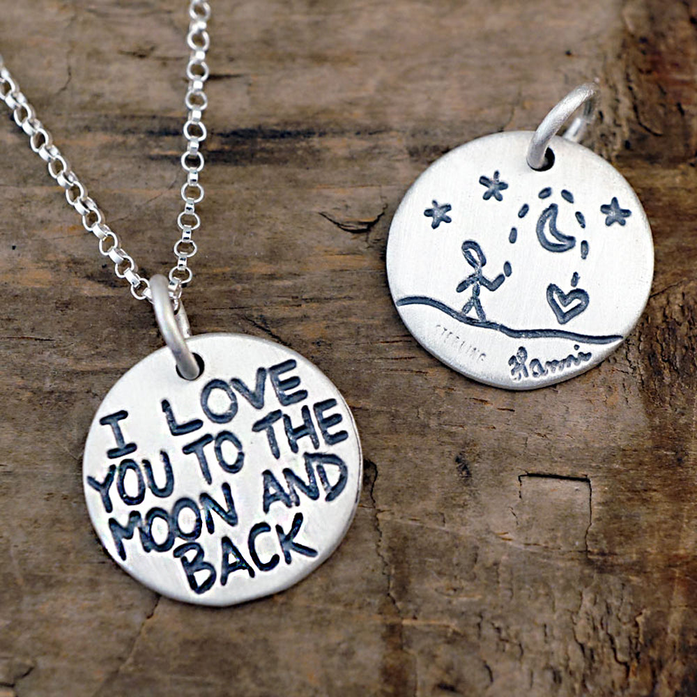 i love you to the moon and back charm necklace sterling silver disc charm artist made unique jewelry by hanni