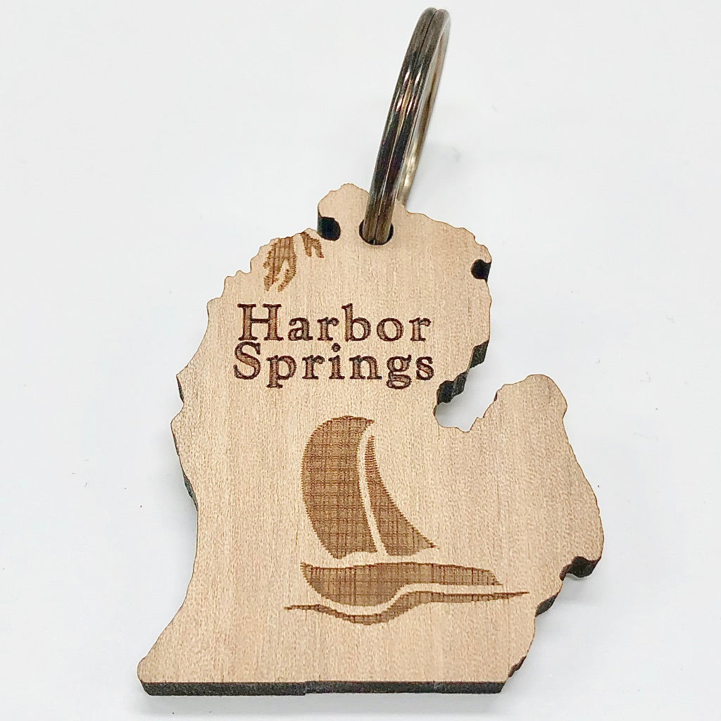 Wooden Harbor Springs Sailboat Keychain
