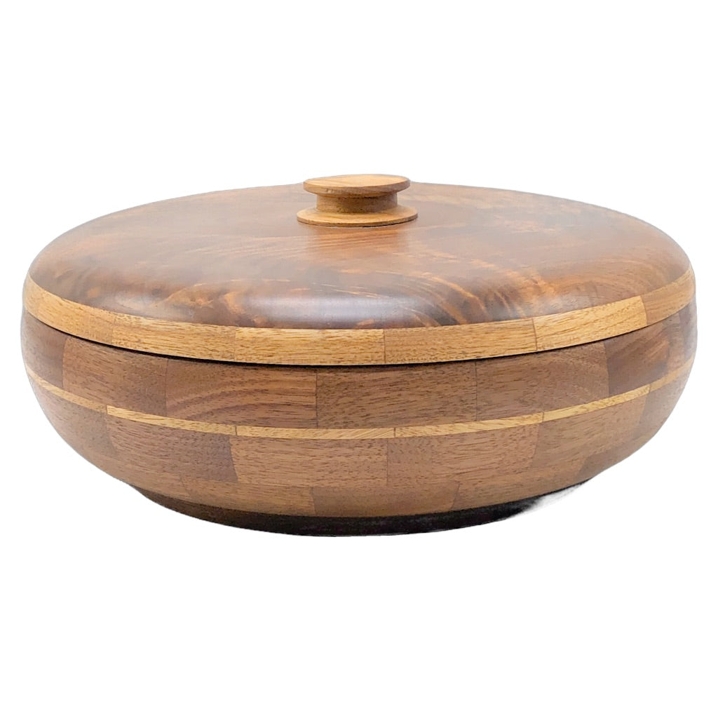 Lidded walnut bowl, butternut wood contrast stripe, centerpiece art, northern michigan artisan, hanni gallery, harbor springs