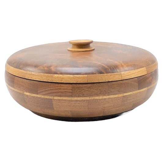 Lidded walnut bowl, butternut wood contrast stripe, centerpiece art, northern michigan artisan, hanni gallery, harbor springs