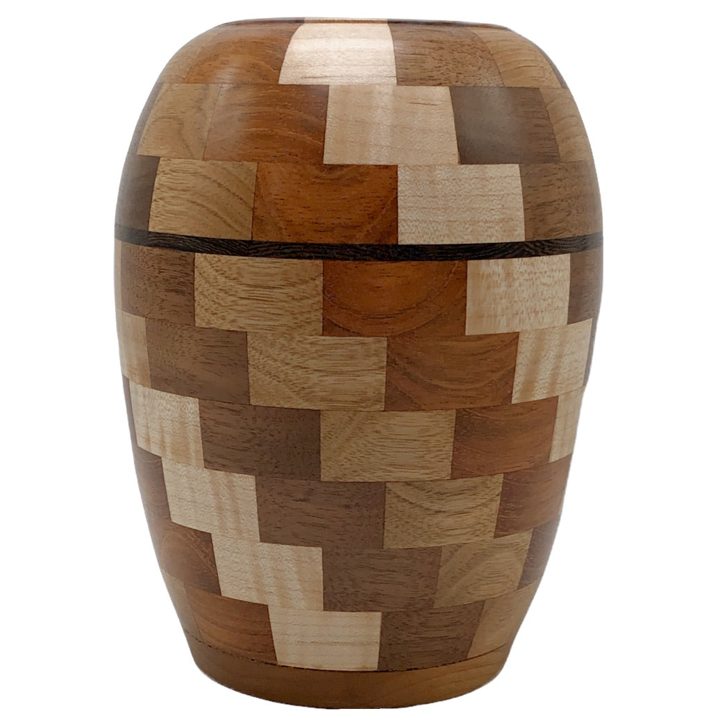 Tall vase, wooden vase, multi wood contemporary turned vase, local NoMi artisan, hanni gallery, harbor springs