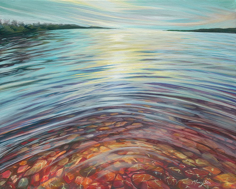 Surface ripples, lake superior, rust colored rocks, close to shore, northern michigan artist, hanni gallery, harbor springs