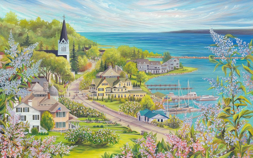 Mackinac Island, lilac festival, view over marina, local artist, hanni gallery, harbor springs