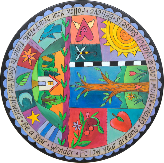 rhapsody in blue sincerely sticks lazy susan, 18 inch with blues and bright colors, words around the edge, hand made kitchen art table decor, Hanni gallery, harbor springs, michigan