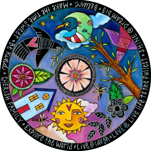 dream in color lazy susan sincerely sticks handmade art for kitchen and table printed from original artwork, 18 inches in black with purples and blues words live life to the fullest, shine, live, explore the world and more around the edge at Hanni gallery