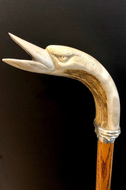 Oak cane, carved antler handle, goose head, walking stick, hanni gallery
