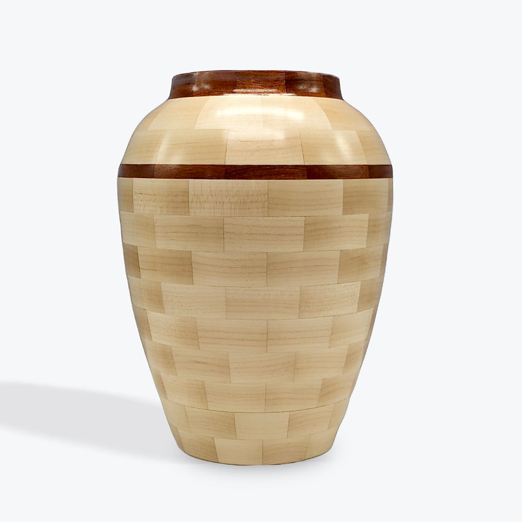 wooden vase, maple and cherry wood, segmented turning, dried flowers, ocal piece, hanni gallery