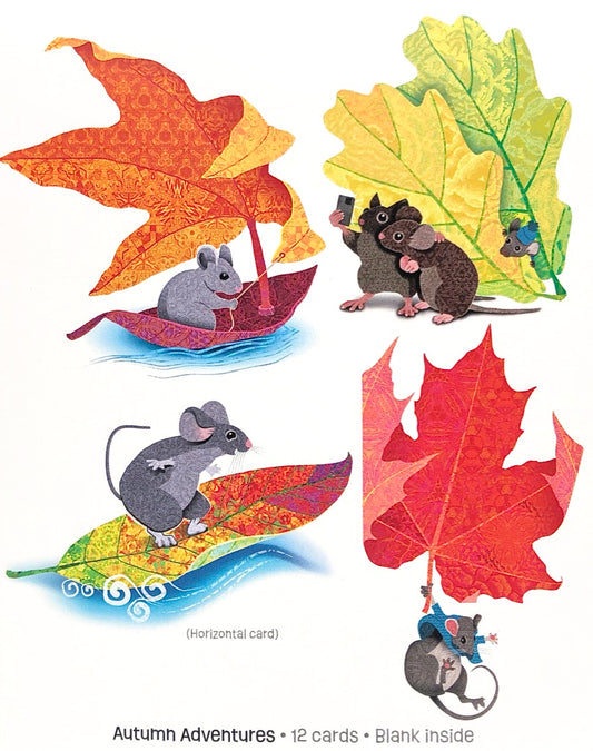 Notecard greeting card autumn leaves and mice whimsical design