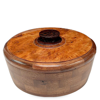 Segmented Walnut Wood Bowl With Maple Burl Lid