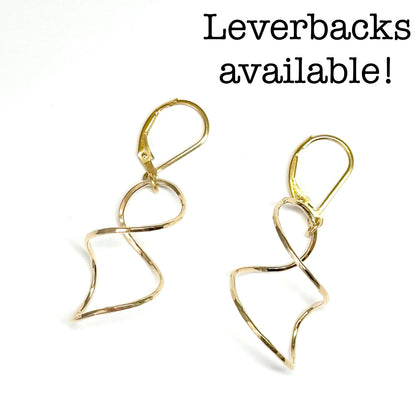 Twisty spiral wire earring with lever back in sterling silver or 14kt gold filled, Simple modern dangle in four sizes 1 to 2 inches long, available on french hook or leverback ear wires, artist handmade by hanni jewelry in harbor springs, michigan