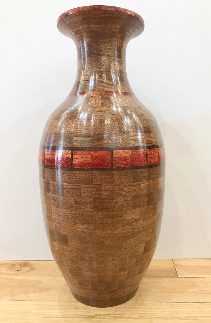 Segmented wood vase, 20 inches tall, focal point, walnut wood, ebony and bloodwood accents, locally made, hanni gallery