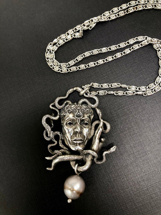 Sterling silver pendant, gorgon medusa necklace, hand carved collectable piece, tahitian pearl accent, hanni gallery