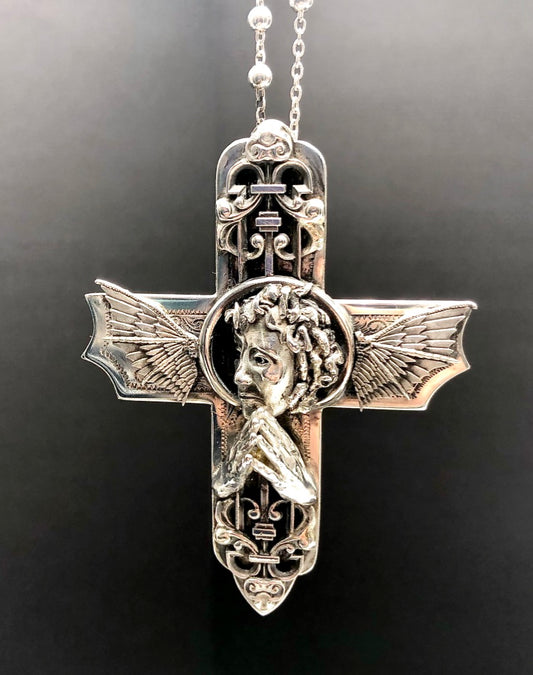 Cross sculpture, sterling silver necklace, intricate carved cross, hanni gallery