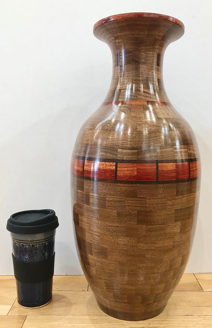 Tall Segmented Walnut Wood Vase With Accents