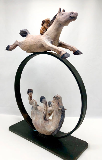 Ceramic Sculpture, Two Horses on Metal Ring: "Celebrate Your Success And Failures; Both Required Courage"