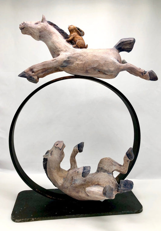 Ceramic sculpture, 2 horses on custom metal ring, leaping horse ridden by hare, whimsical, local artisan