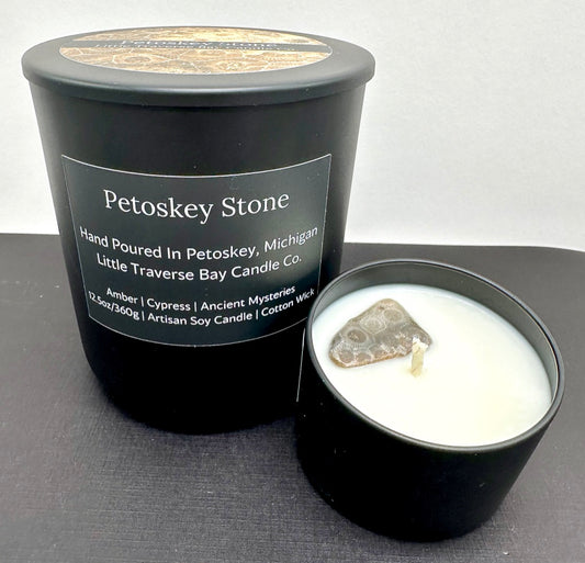 soy candle, earthy scent, contains petoskey stone, locally made