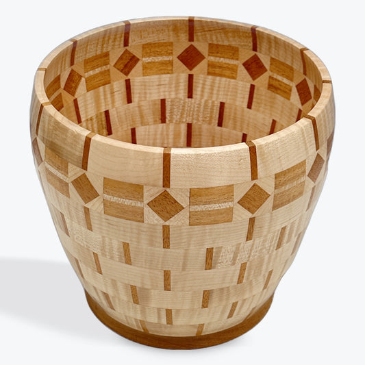 segmented wood, utensil holder, maple and mahogany, tall and wide vessel