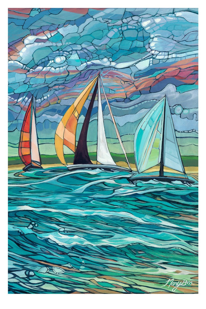 sailboats colorful stained glass fragmented style