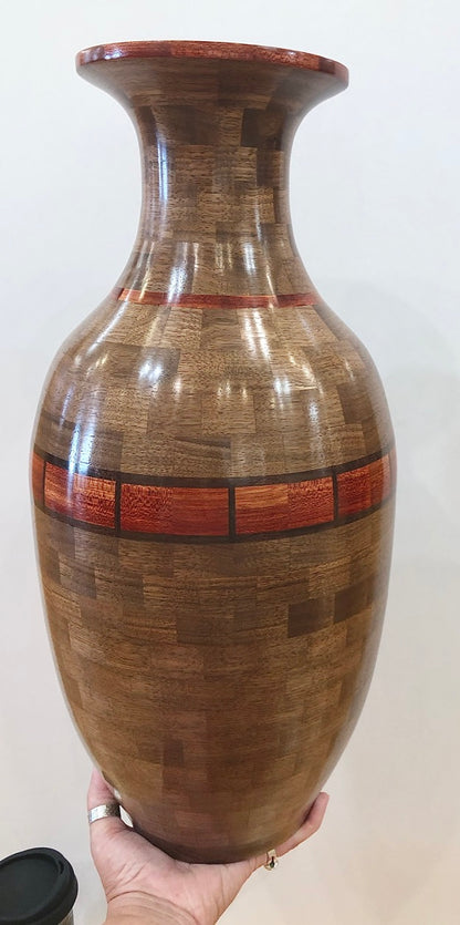 Tall Segmented Walnut Wood Vase With Accents