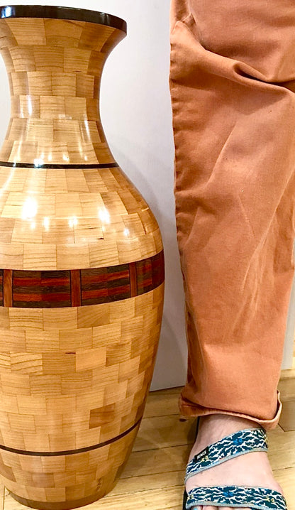 Tall Segmented Cherry Wood Vase With Accents