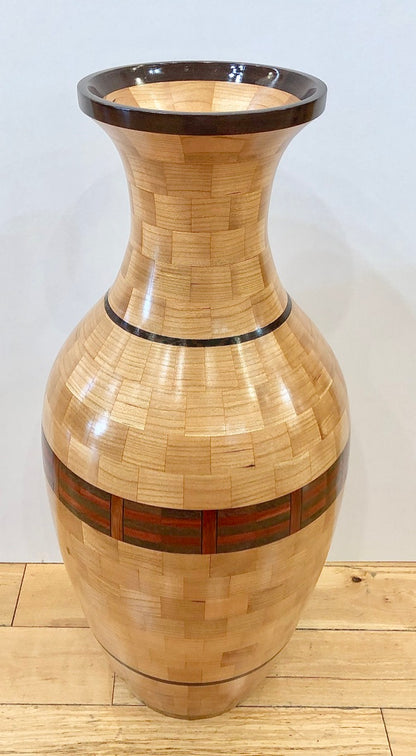 Tall Segmented Cherry Wood Vase With Accents