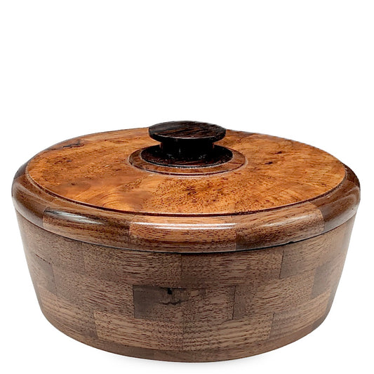 Segmented walnut bowl, maple burl lid, flat bottom, focal piece