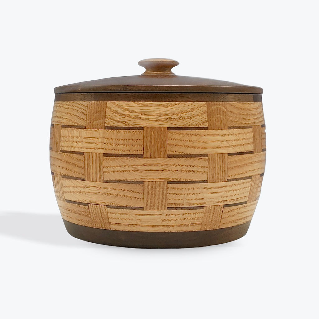 lidded canister, wooden basket oak and walnut, woven look, hanni gallery