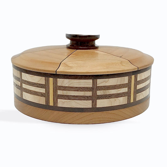 Lidded bowl, cherry and walnut woods, segmented turning, keepsake hanni gallery