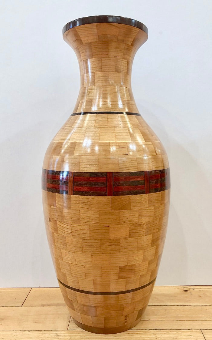 Segmented wood vase, 21 inches tall, focal point, cherry wood, ebony and bloodwood accents, locally made, hanni gallery