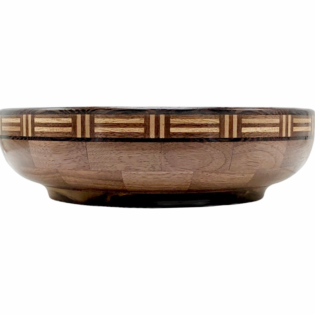 Walnut fruit bowl, segmented wood turning, patterned contrasting rim