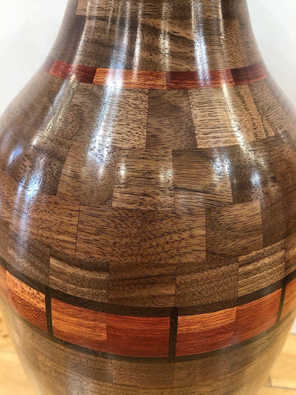 Tall Segmented Walnut Wood Vase With Accents