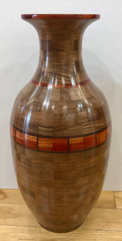 Tall Segmented Walnut Wood Vase With Accents