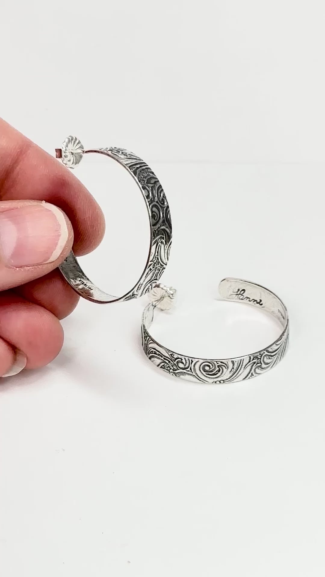 Silver Hoop Earring with Engraved Scroll Pattern | Handmade